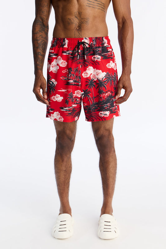 Brushed Tropical Oasis Swim Trunk 7″ - Red