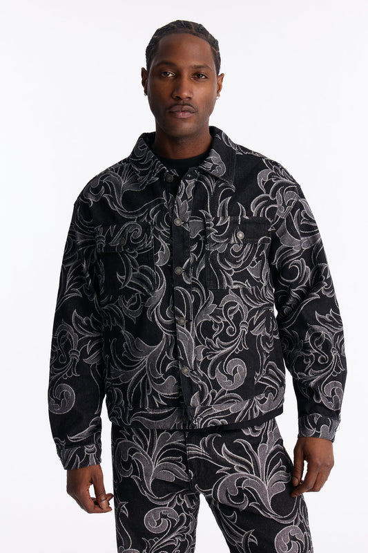 Relaxed Cropped Baroque Jacquard Denim Jacket - Black Wash