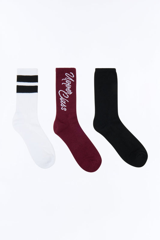 Upper Class Solid Graphic Crew Socks 3 Pack - Burgundy/combo
