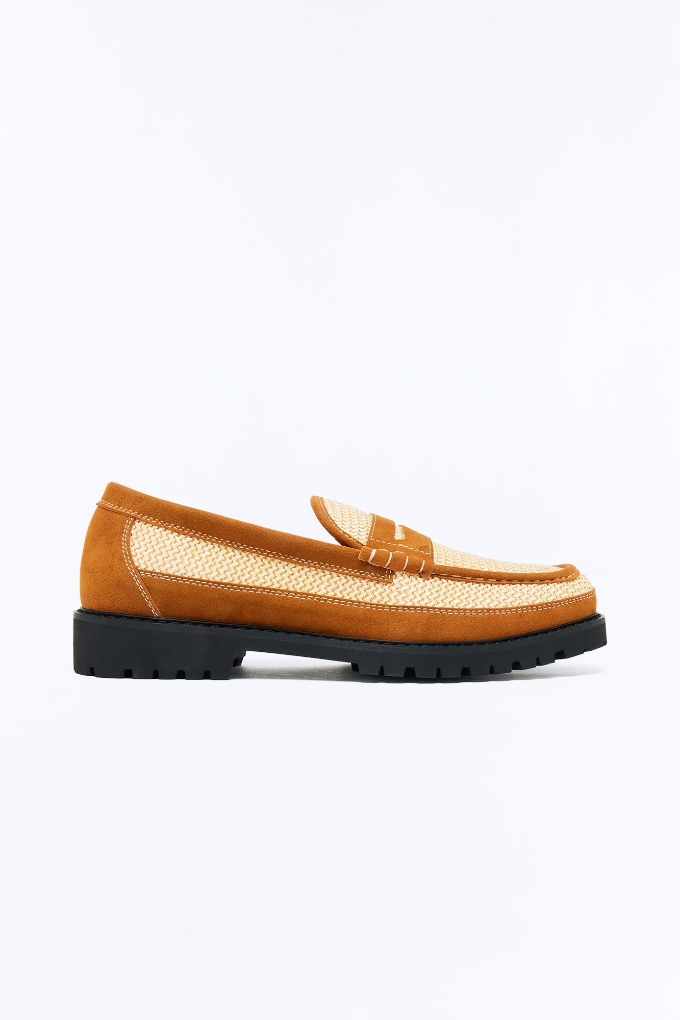 Woven Faux Suede Contrast Stitch Penny Loafer - Brown