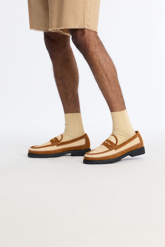 Woven Faux Suede Contrast Stitch Penny Loafer - Brown