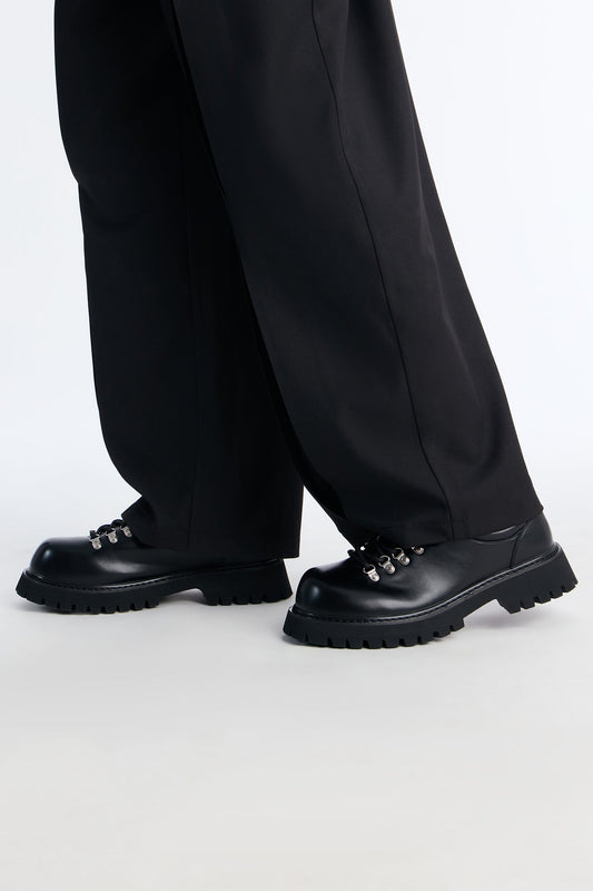 Faux Leather Lace Up Hiker Shoes - Black