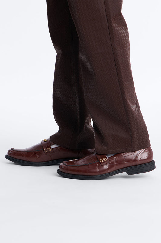 Embossed Crocodile Buckle Slip On Loafer - Brown