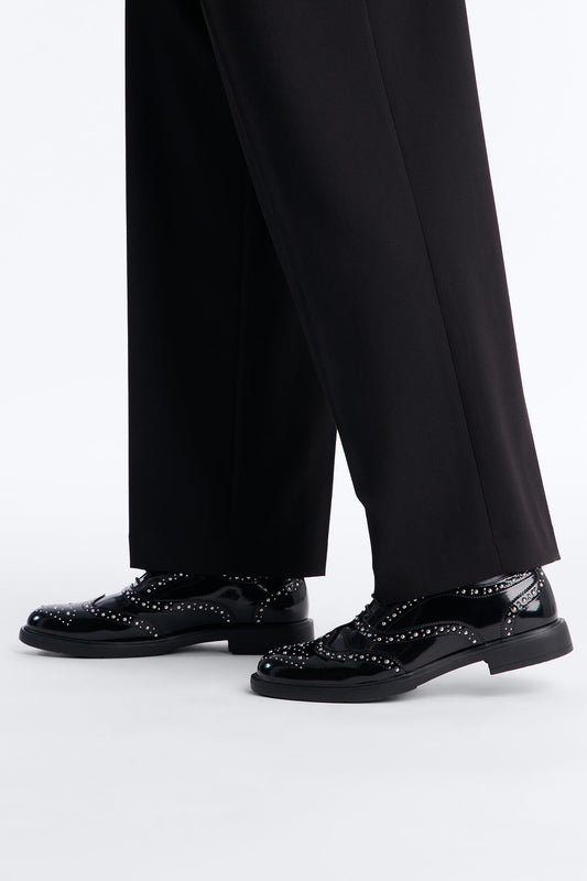 Patent Leather Studded Wing Tip Lace Up Shoe - Black