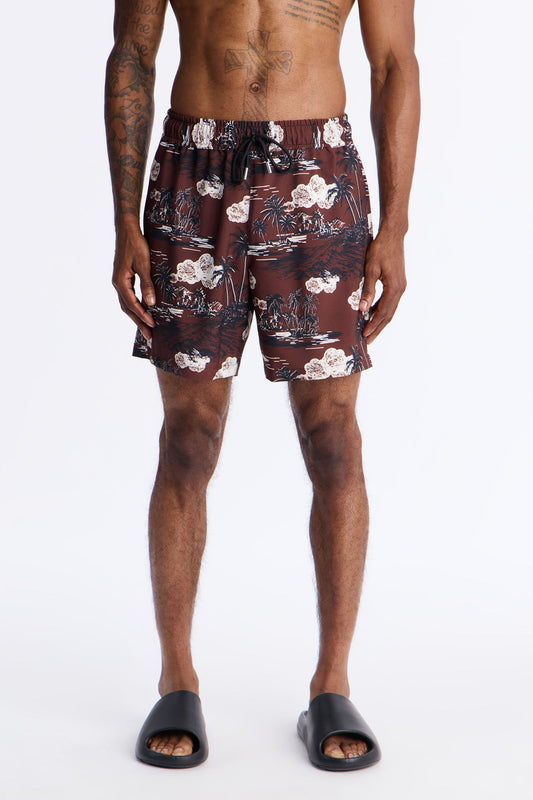 Brushed Tropical Oasis Swim Trunk 7″ - Brown