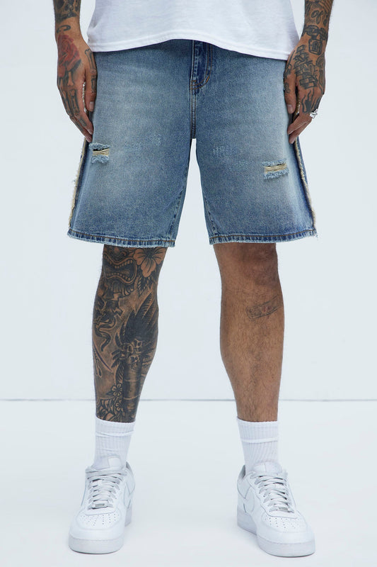 Trust Me Frayed Relaxed Denim Shorts - Light Blue Wash