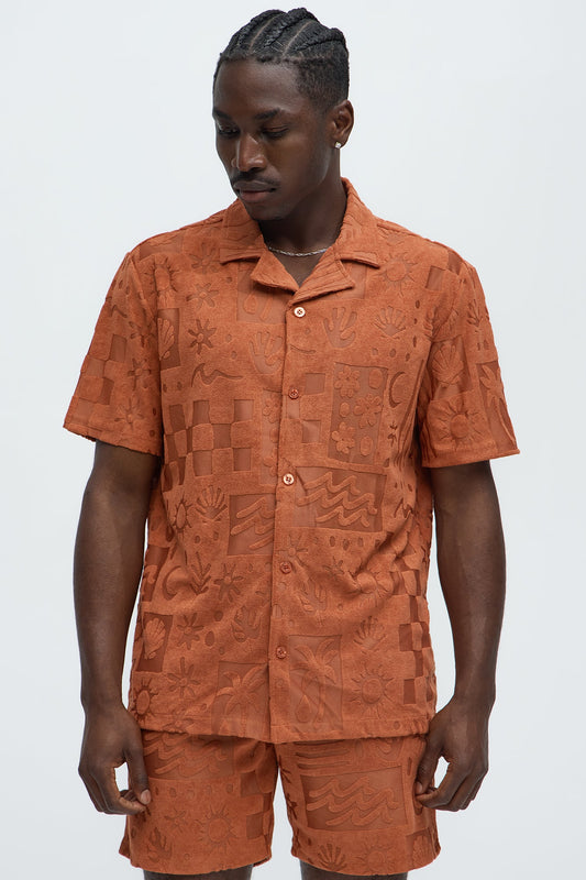 Tropical Trees Jacquard Short Sleeve Button Up Shirt - Rust