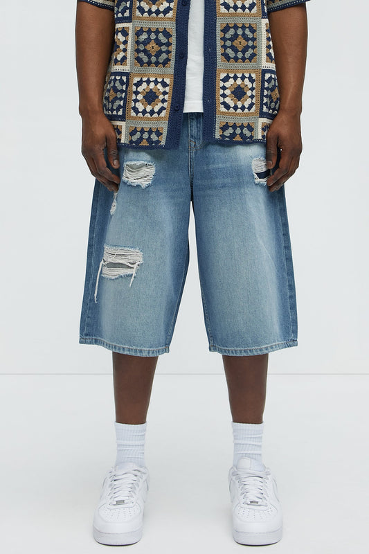 Say It Distressed Baggy Denim Shorts - Medium Blue Wash
