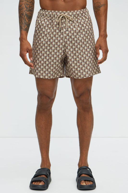 Weave Printed Swim Mid Trunk - Brown Combo