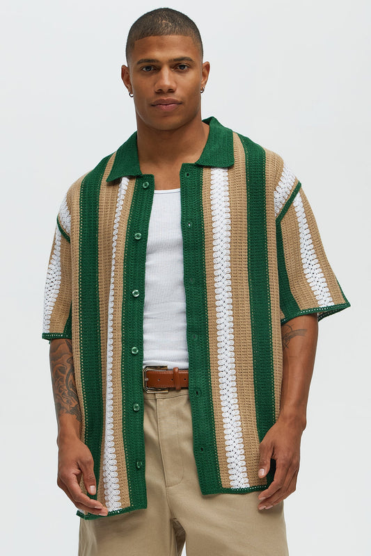 Brock Striped Crochet Collar Button Down Shirt - Green/combo