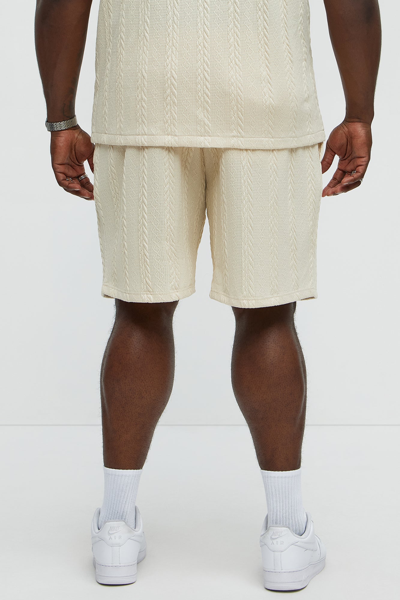 Textured Stripes Relaxed Drawstring Shorts - Cream