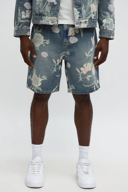 Relaxed Fallen Roses Denim Shorts - Medium Blue Wash