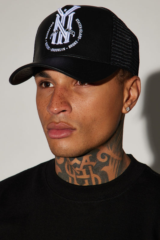 NY Faux Leather Trucker Hat - Black