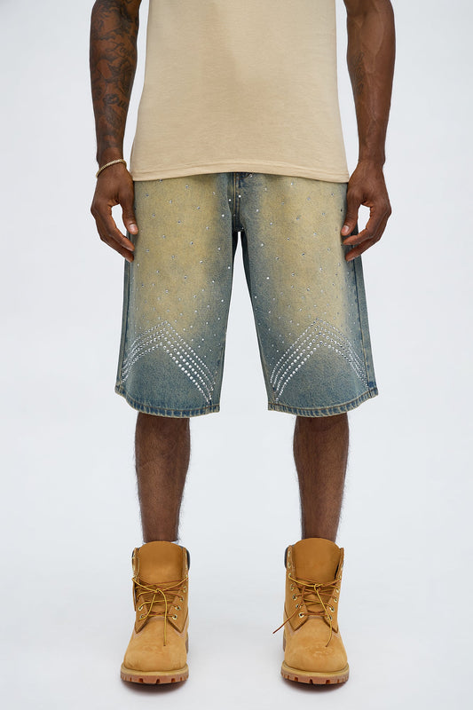Baggy Notch Jeweled Denim Short - Vintage Blue Wash