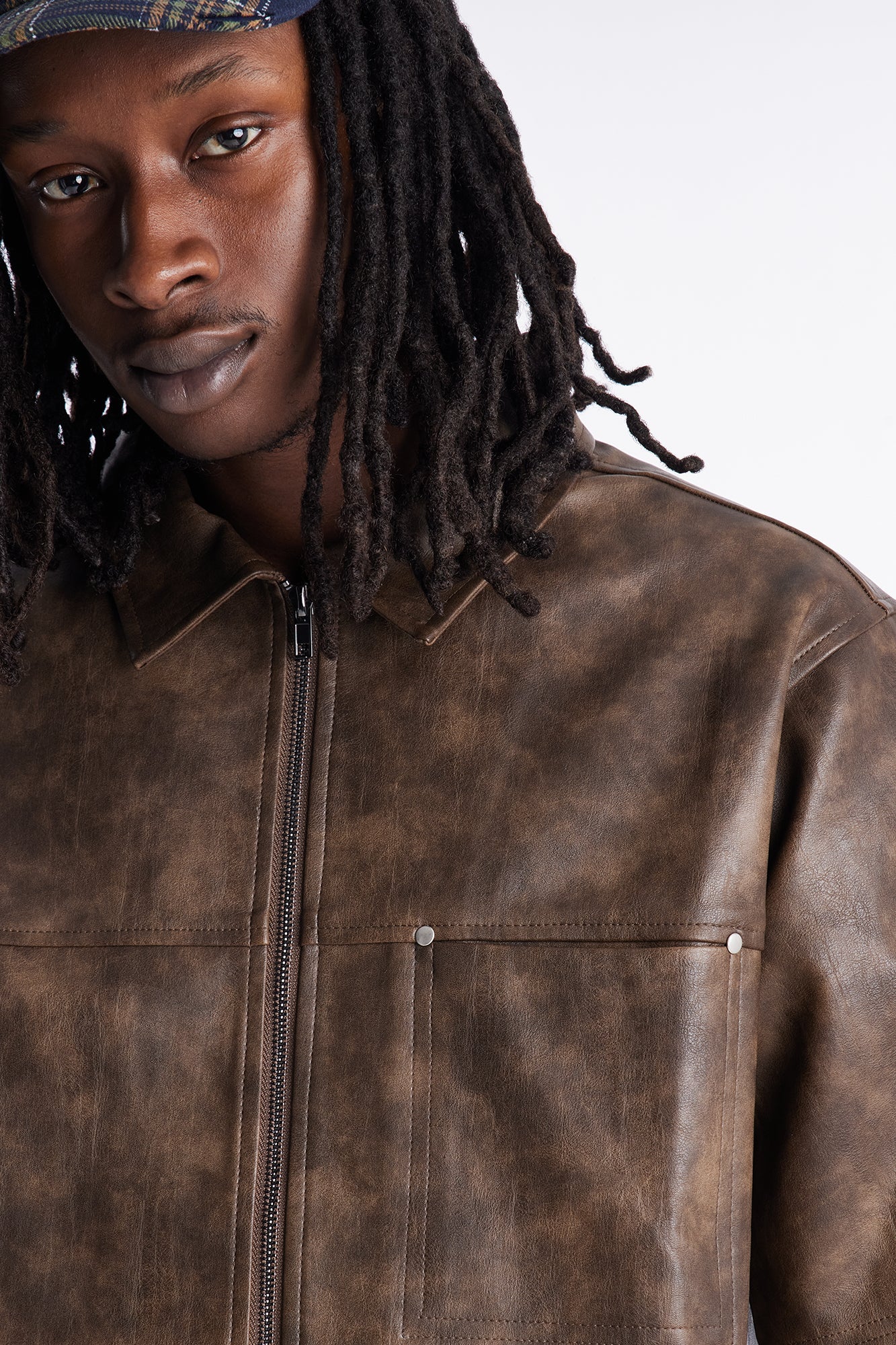 2 Stud Faux Leather Leather Zip Up Shirt - Brown