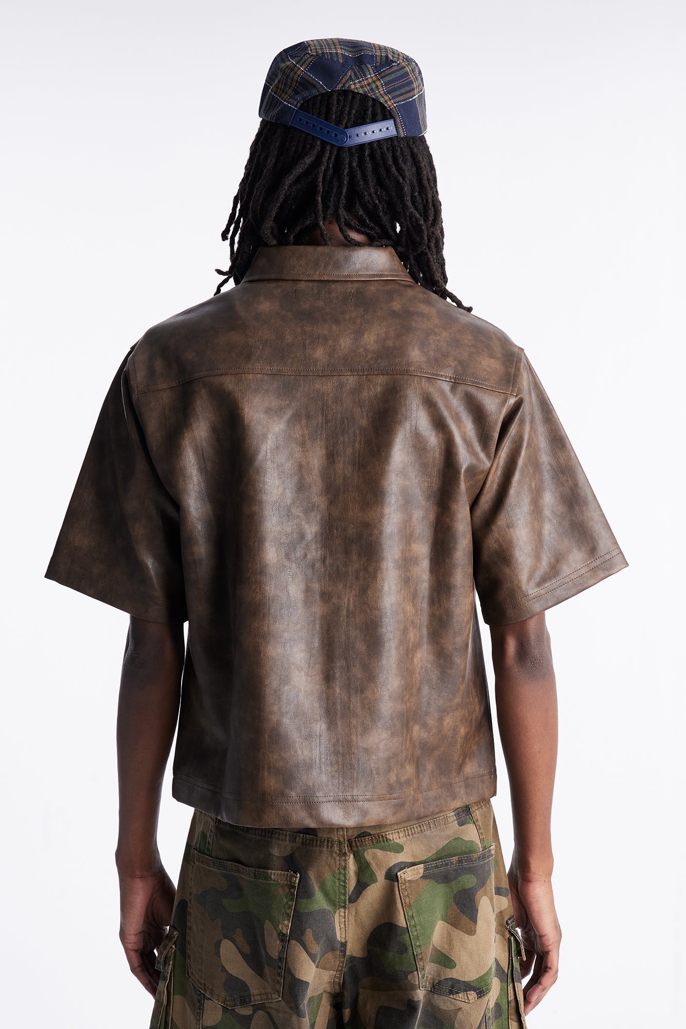 2 Stud Faux Leather Leather Zip Up Shirt - Brown