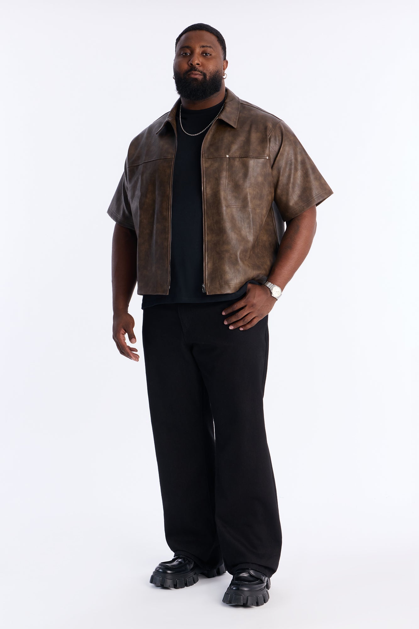 2 Stud Faux Leather Leather Zip Up Shirt - Brown