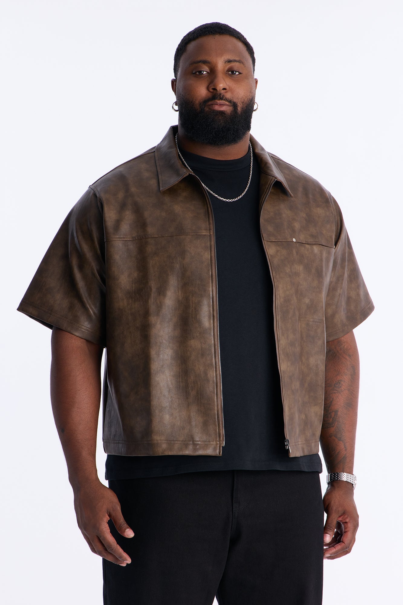 2 Stud Faux Leather Leather Zip Up Shirt - Brown