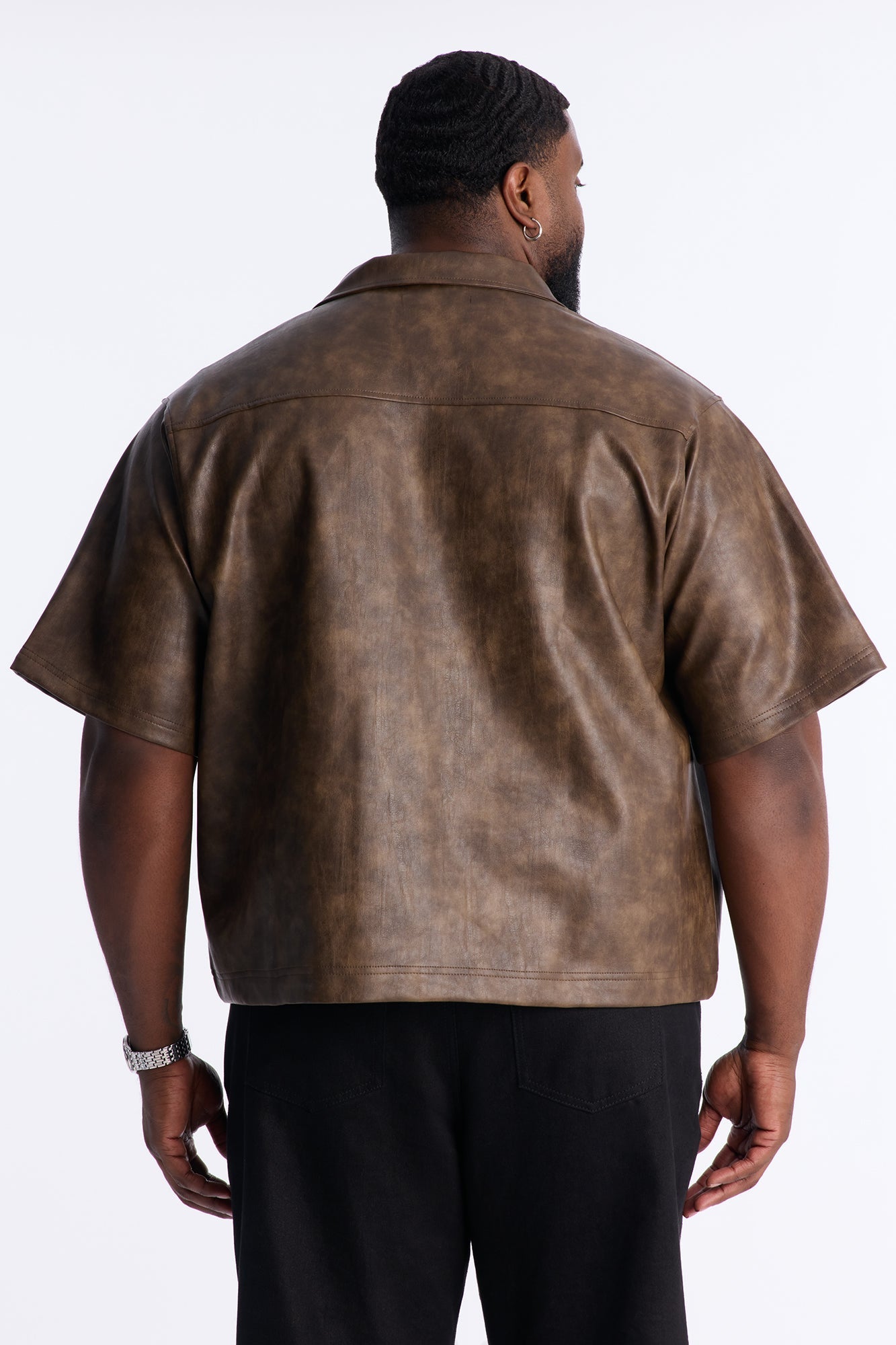 2 Stud Faux Leather Leather Zip Up Shirt - Brown