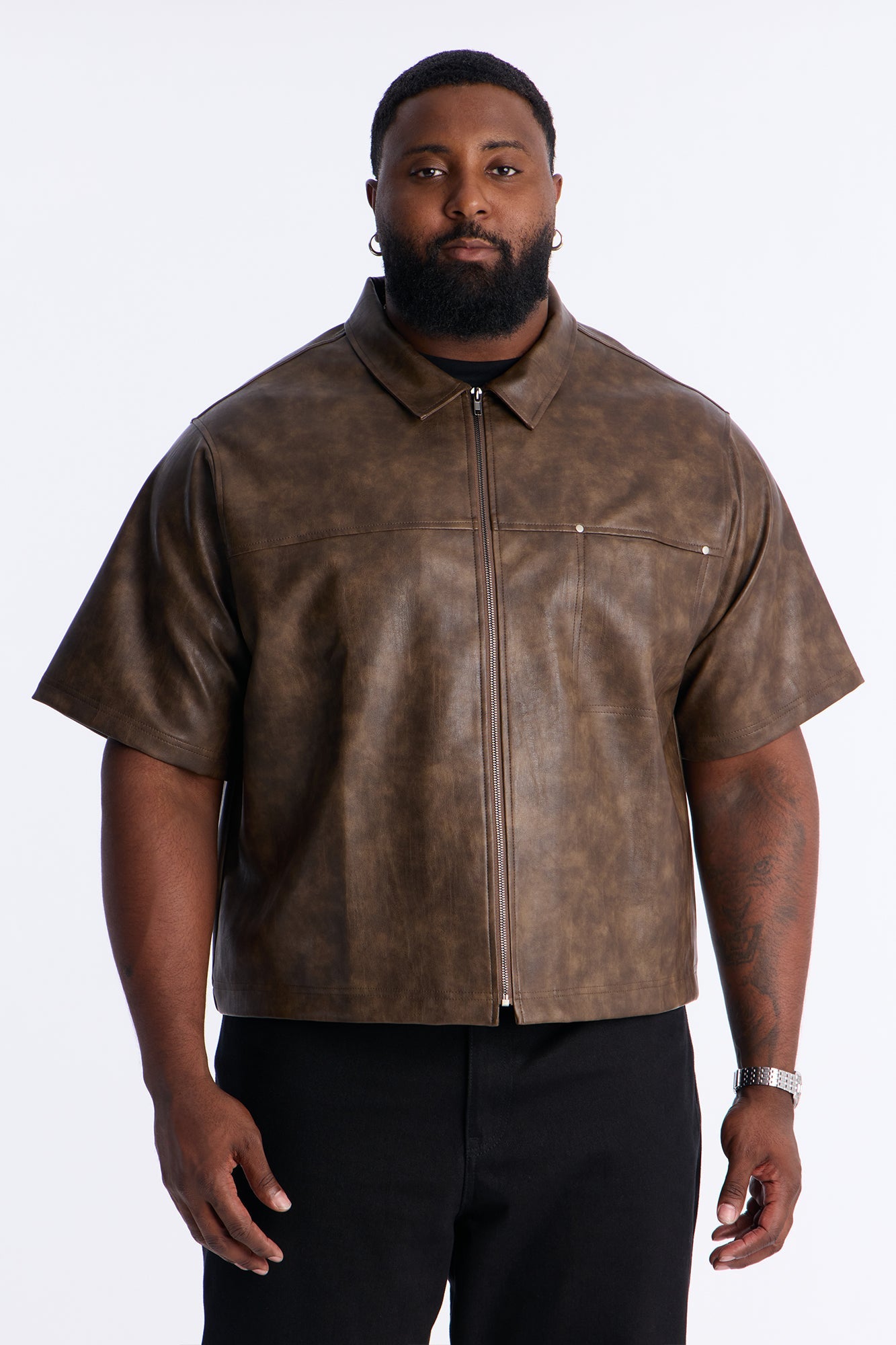 2 Stud Faux Leather Leather Zip Up Shirt - Brown