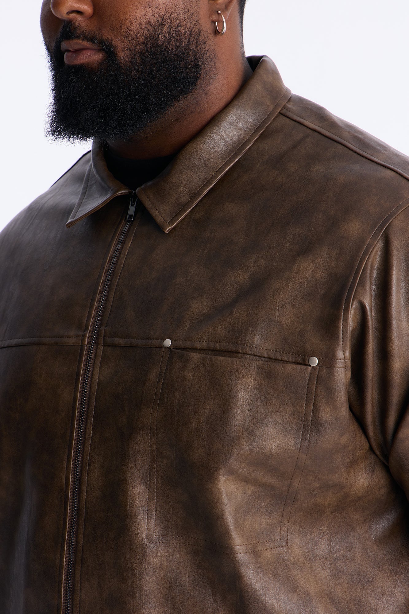 2 Stud Faux Leather Leather Zip Up Shirt - Brown