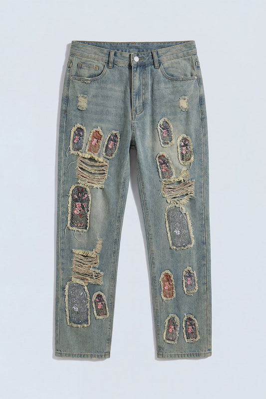 Relaxed Straight Holy Windows Patched Distressed Jean - Vintage Blue Wash